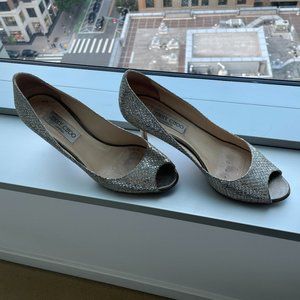 Jimmy Choo Isabel Champagne Glitter Fabric Peep Toe Heels Pumps Shoe Size 38.5